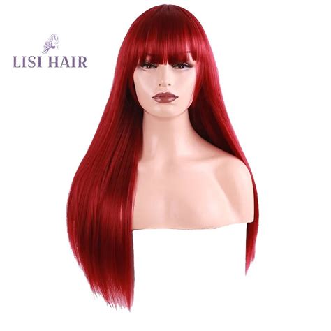 Lisi Hair Long Straight Wig With Bangs Red Bang With Wig Synthetic Hair