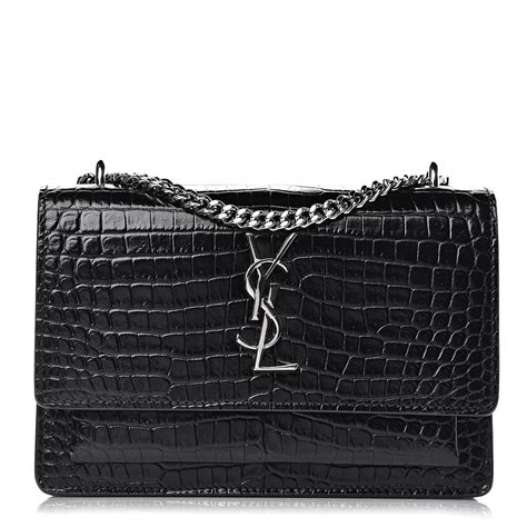 Saint Laurent Calfskin Crocodile Embossed Monogram Sunset Chain Wallet