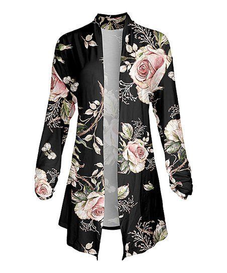 Lily Black Pink Roses Ruched Sleeve Open Cardigan Women Plus