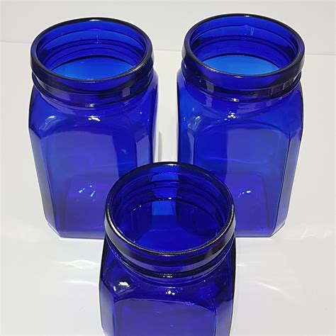 Set Of Cobalt Blue Glass Canister Jars With Wood Lids Vintage