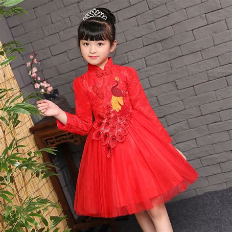 Girl Embroidery Cheongsam Children Red Princess Evening Dress Qipao