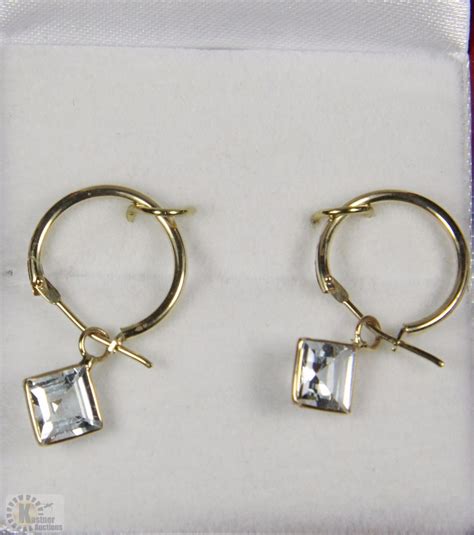 #87-14K YELLOW GOLD AQUAMARINE HOOP EARRINGS