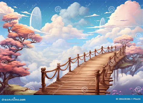 .Fantasy Bridge in the Clouds Over a Cute Landscape Stock Illustration ...