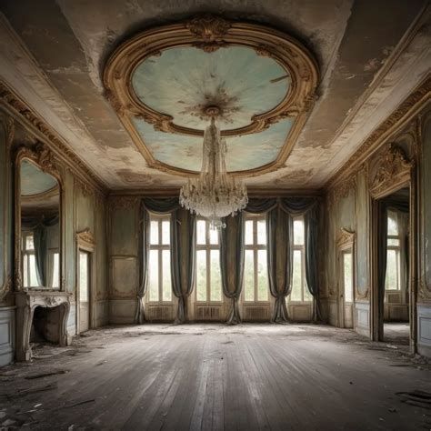 Abandoned Big French Ballroom With Eight Big Windo