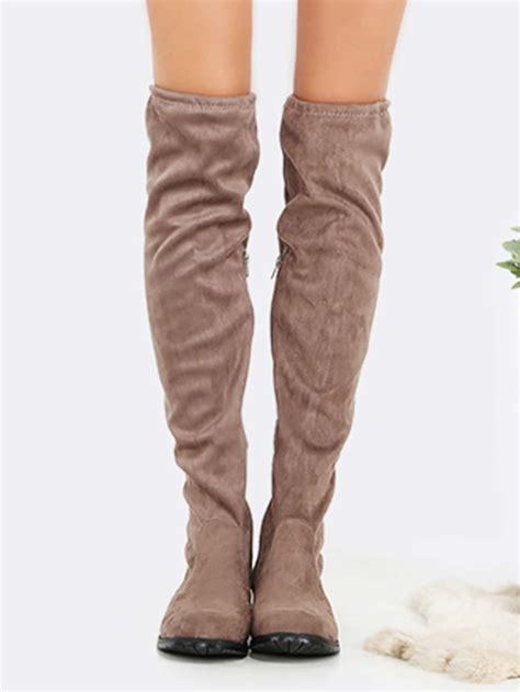 Flat Tie Back Suede Thigh High Boots Taupe Shein