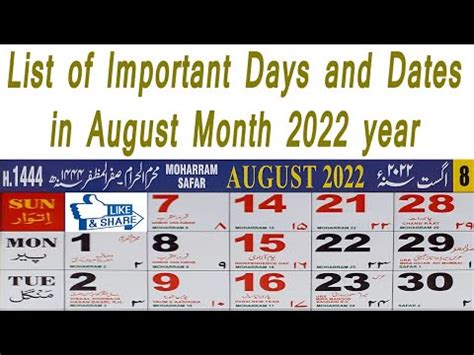 August 2022 Month Important Day Date Special Days In August Month