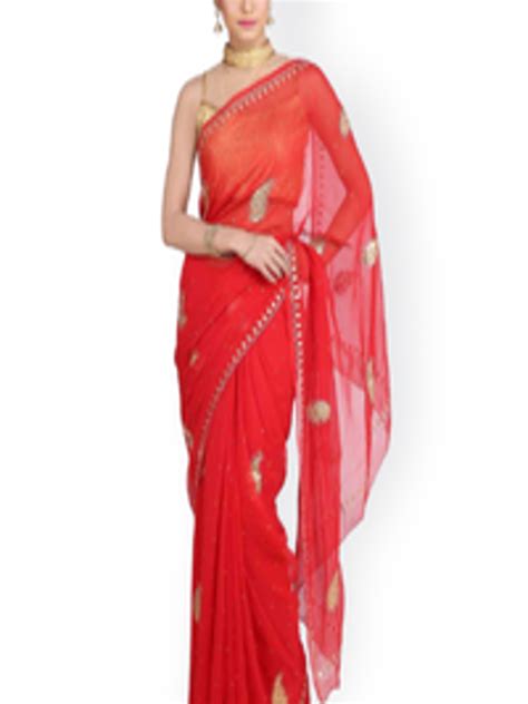 Buy Geroo Jaipur Red Hand Embroidered Chiffon Embellished Saree ...