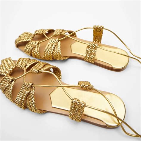 Sandalias De Gladiador Trenzadas Doradas Para Mujer Sandalias Romanas