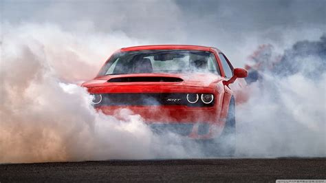 Car Dust Smoke Dodge Challenger Srt Dodge Challenger Hellcat Burnout Muscle Car Red Cars Hd