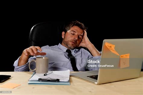 Attractive Tired Businessman Overwhelmed Heavy Work Load Exhausted At