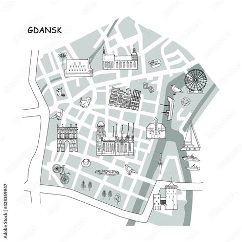 Vetor De Vector Line Hand Drawn Illustrated Map Of Gdansk Old Town