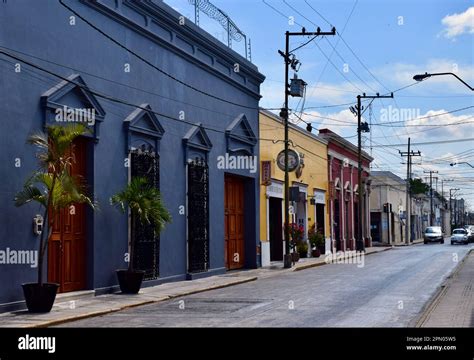 Colorful Colonial Buildings On A Street In The Historic City Of Merida Yucatan Mexico Stock