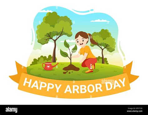 Happy Arbor Day On April 28 Illustration With Kids Planting A Tree And