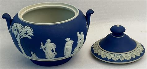 Lot Antique Wedgwood Portland Blue Jasperware Sugar Bowl W Lid