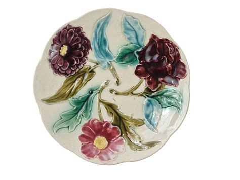 French Antique Majolica Flower Plate With Rose Dahlia And Daisy