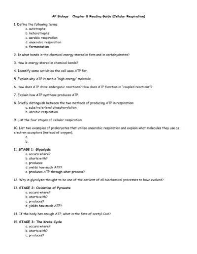 AP Biology Chapter 8 Reading Guide Cellular Hart High School