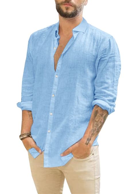 Mens Linen Shirts Long Sleeve Casual Button Down Cotton Lightweight Beach Summer Shirts 2blue