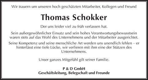 Traueranzeigen Von Thomas Schokker Zvw Trauer