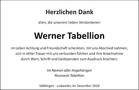 Traueranzeigen Von Werner Tabellion Saarbruecker Zeitung Trauer De