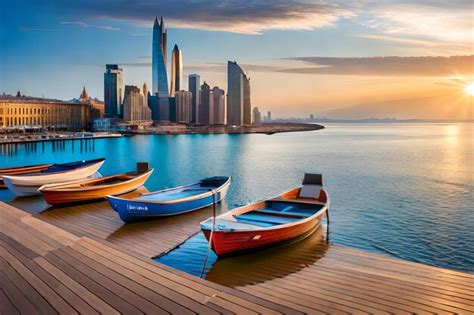 Premium AI Image | boats on a dock with the city skyline in the background.