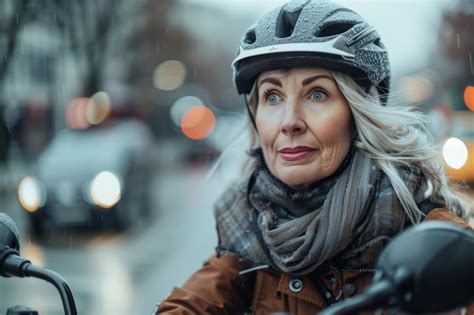 Premium Photo Mature Woman Wear Bicycle Helmet To Ride Save An
