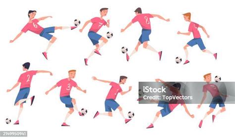 Man Footballer In Uniform Playing Football Pass Ball Vector Set Stock Illustration Download