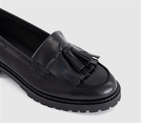 Office Frey Fringe Tassel Cleated Loafers Black Leather Flat Shoes For Women