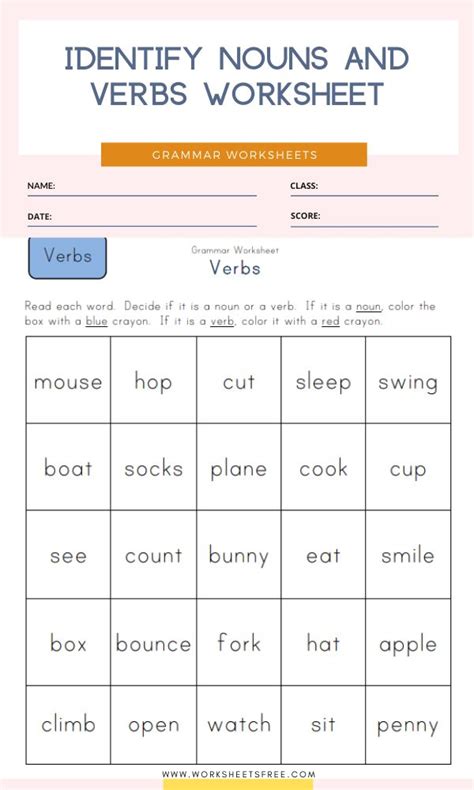 Identifying Nouns And Verbs Worksheet