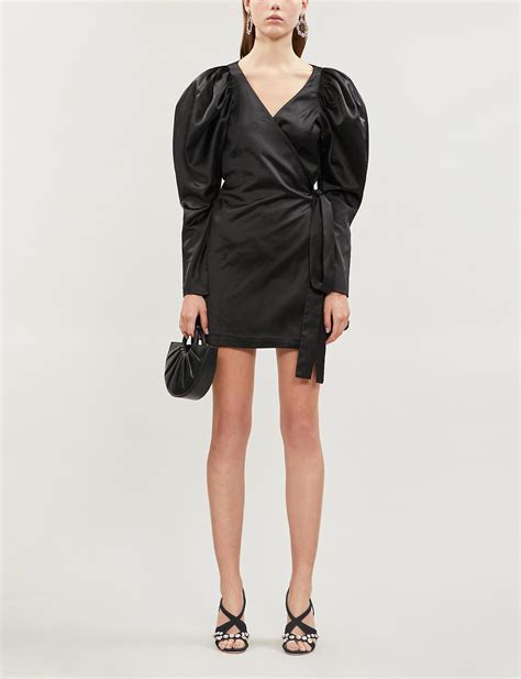 Rotate Birger Christensen Leg Of Mutton Sleeve Satin Mini Wrap Dress In