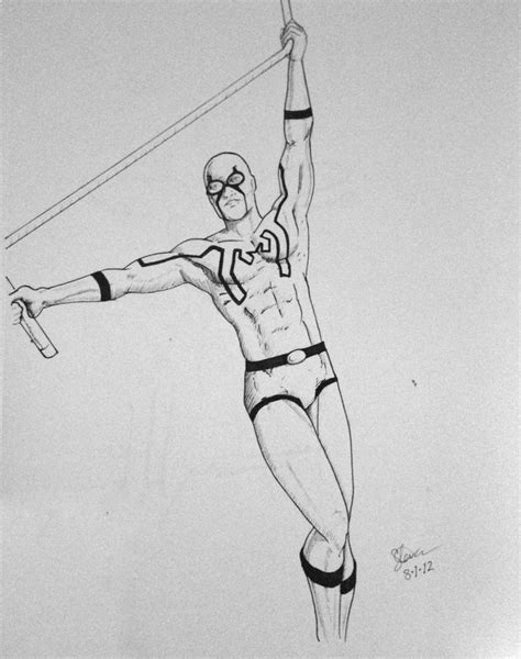 A Pencil Drawing Of A Man In Mid Air Holding Onto A Pole With One Hand