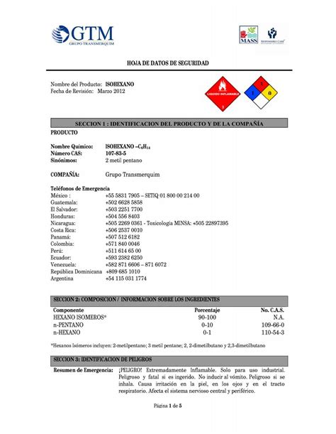 Hoja De Datos De Seguridad Grupo Transmerquim Hexano