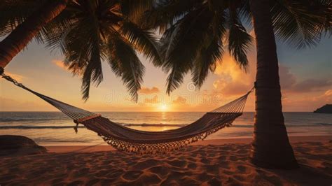 A Tropical Beach At Sunset With A Hammock Under A Palm Tree Generative