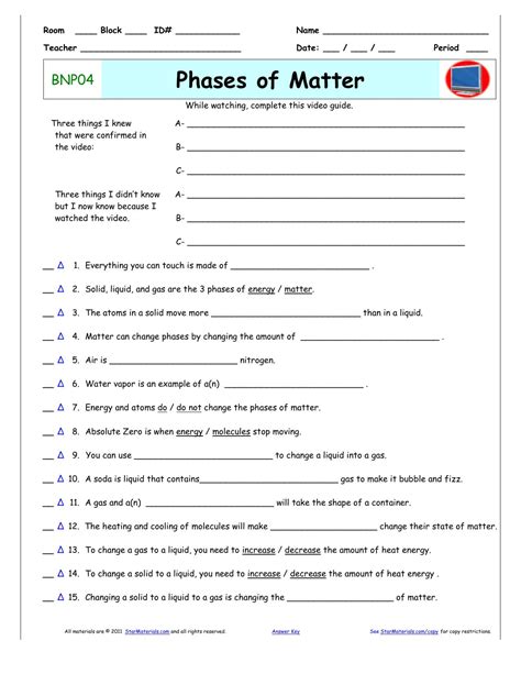 Phases Of Matter Worksheet Answers