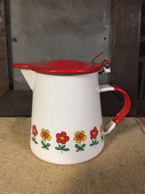 White Enamel Pitcher With Red Lid And Flowers Made In Italy Etsy