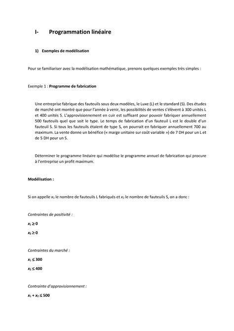 Cours PL Modélisation I Programmation linéaire Exemples de