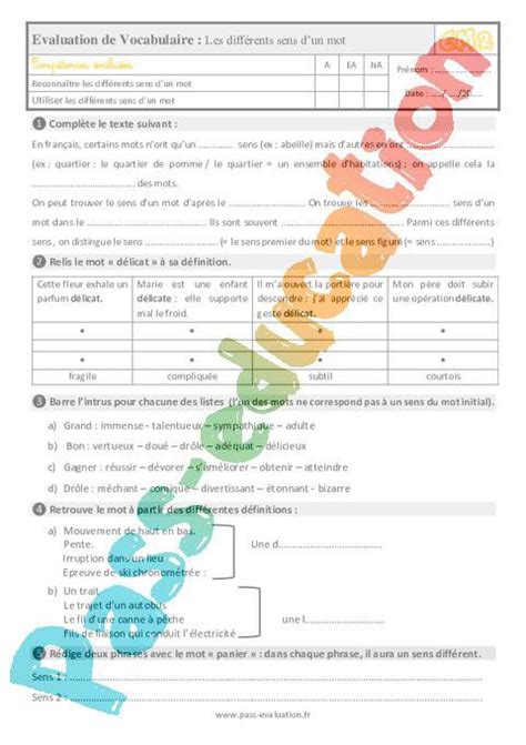 Bilan Au Cm Sur Les Diff Rents Sens Dun Mot Evaluation Avec La