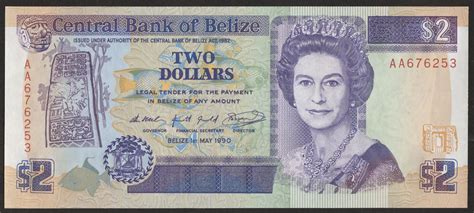 Belize P52a 2 Dollars 1990 1