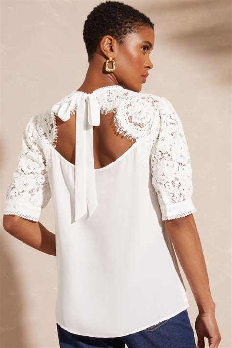 Buy Love Roses Ivory Short Sleeve Lace Trim Bow Back Blouse From Next