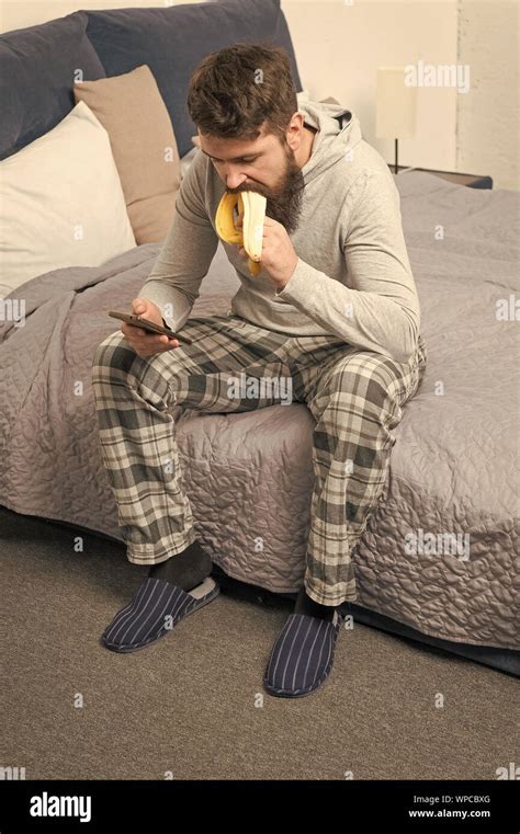 Brutal Sleepy Man Has Breakfast In Bedroom Mature Male With Beard In