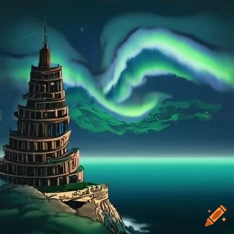 Anime Style Tower Of Babel With Sea Waves And Aurora Borealis On Craiyon