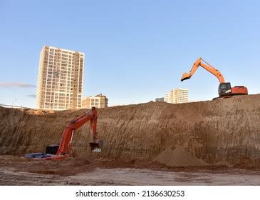 Digging Pit Foundation Hole Excavator Earthwork Stock Photo