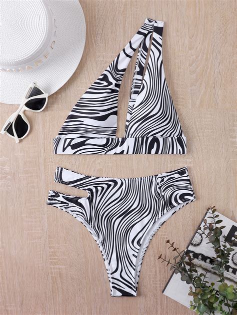 Shein Swim Vcay Bañador Bikini Con Estampado De Cebra Con Abertura