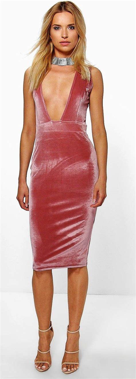 Eliza Velvet Plunge Neck Midi Bodycon Dress Dresses Street Style Fashion Looks And Outfit