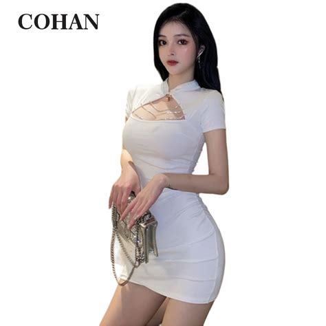 Jual Cohan DR831 Dress Midi Gadis Seksi Short Sleeve Black White M L