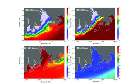 A B Horizontal Maps Of The Sea Surface Salinity Sss Psu In Summer