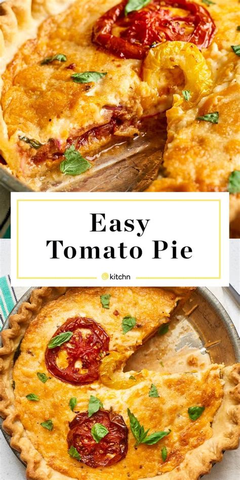 An Easy Tomato Pie Is Shown With The Title In The Middle And Bottom