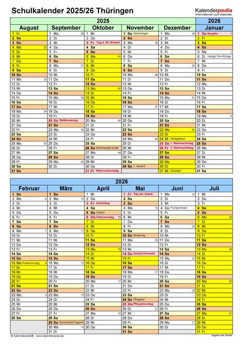 Schulkalender 2025/2026 Thüringen für Excel