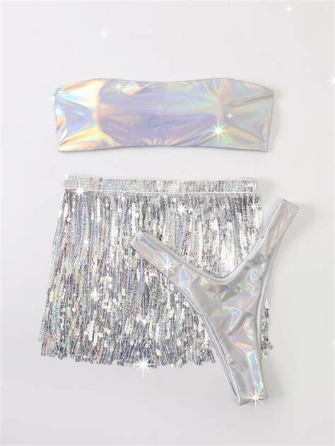 3pack Holographic Bandeau Bikini Swimsuit Sequin Fringe Beach Skirt SHEIN UK