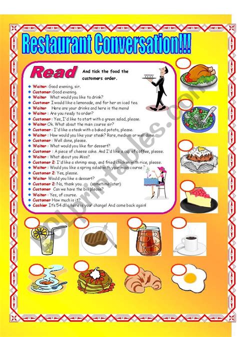 Restaurant Conversation Esl Worksheet By Supergirls