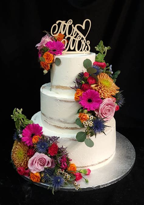 Bruidstaart Naked Cake Met Bonte Kleurbloemen Het Taartgeheim